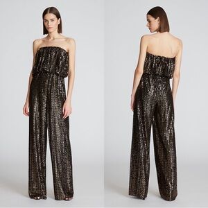 Halston Kensley Framed Strapless Sequin Wide Leg Jumpsuit Size 8 Black Gold